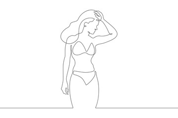 Beautiful woman standing in water. Girl in swimsuit entering sea. Vacation at resort.One continuous line. Line art. Minimum one line. White background. One line drawing.