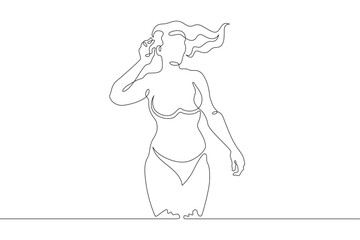 Beautiful woman standing in water. Girl in swimsuit entering sea. Vacation at resort.One continuous line. Line art. Minimum one line. White background. One line drawing.