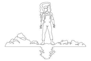Tourist with a backpack. A hiker is reflected in water. A man with a backpack on the river bank. One continuous line. Line art. Minimum one line. White background. One line drawing.