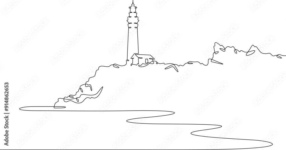 Poster continuous one line drawing lighthouse on a rocky cliff. lighthouse on the seashore.one continuous l