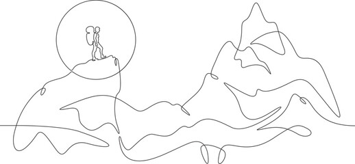 Silhouette of a tourist against the rising sun. Man on top of a mountain. Mountain landscape.Nature logo. One continuous line. Line art. Minimum one line. White background. One line drawing.