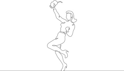 Fototapeta premium Young woman with a cocktail in hands. Drinking alcohol. Guest holding a glass at a party.One continuous line. Line art. Minimum one line. White background. One line drawing.