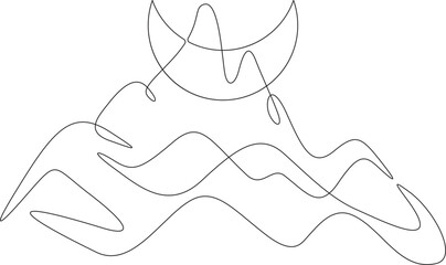Night in mountains.Crescent in the sky.High mountains. Mountain landscape. Moon in the mountains. Nature logo. One continuous line. Line art. Minimum one line. White background. One line drawing.