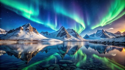 Fototapeta premium Snow covered mountains and rocky peaks in the arctic north with beautiful aurora sky reflecting off the water, Arctic, North