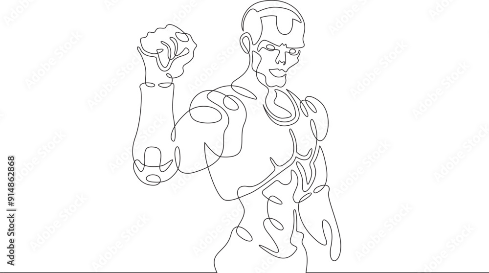 Poster robot with raised arm. clenched fist of mechanical man. robot android gesture of victory and fight. 