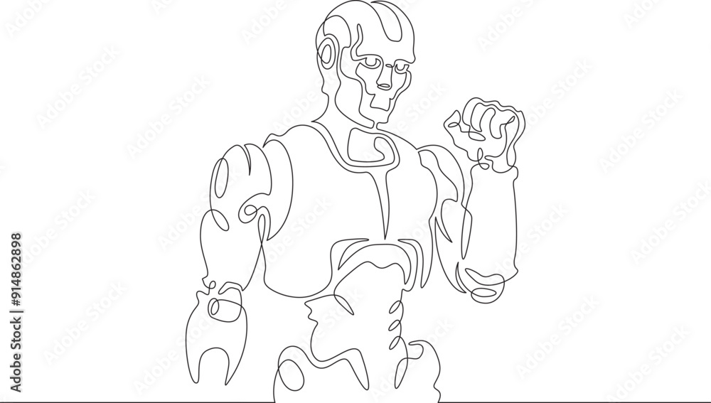 Poster robot with raised arm. clenched fist of mechanical man. robot android gesture of victory and fight. 