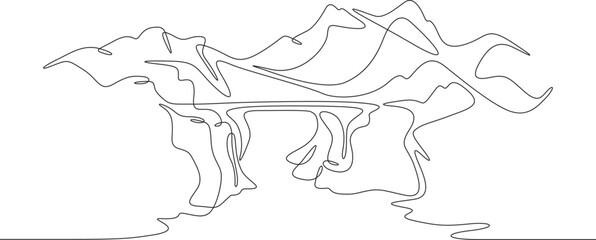 Old bridge over a mountain river. Wooden bridge in the mountains. Rocky mountain landscape. One continuous line. Line art. Minimum one line. White background. One line drawing.