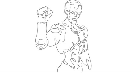 Robot with raised arm. Clenched fist of mechanical man. Robot android gesture of victory and fight. One continuous line. Line art. Minimum one line. White background. One line drawing.