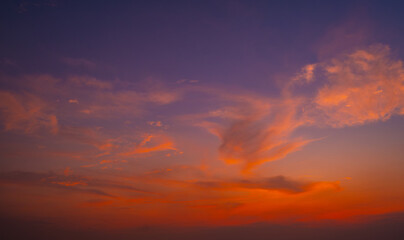 Enjoy a panoramic view of the skyline. The sun rises in the morning sky with colorful clouds. and beautiful cloud patterns In the soft light of the morning	