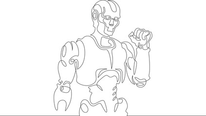 Robot with raised arm. Clenched fist of mechanical man. Robot android gesture of victory and fight. One continuous line. Line art. Minimum one line. White background. One line drawing.