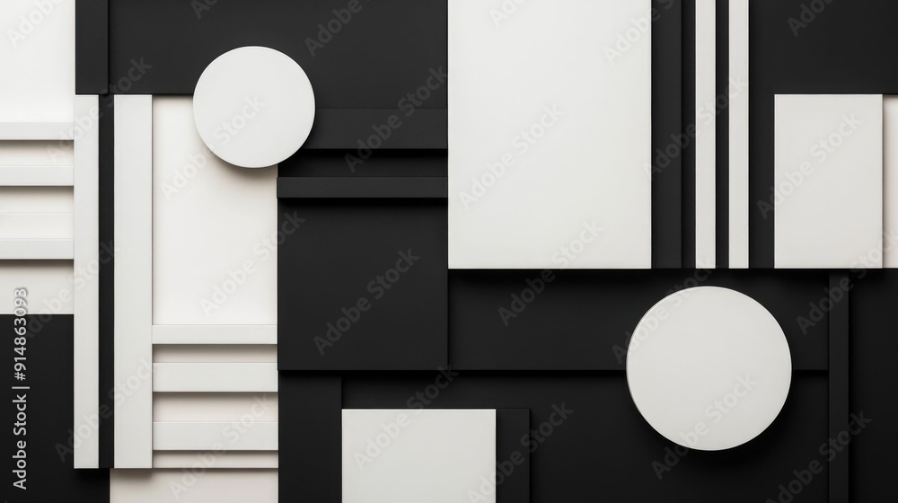 Poster striking monochrome graphic design elements with a bold art deco inspired minimalist aesthetic featu