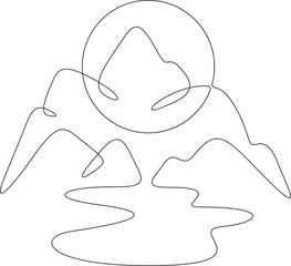 High mountains. Sunrise and sunset. Mountain landscape. Sun in the mountains. Nature logo.One continuous line. Line art. Minimum one line. White background. One line drawing.