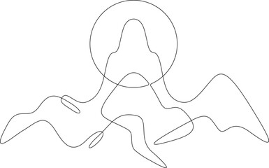 High mountains. Sunrise and sunset. Mountain landscape. Sun in the mountains. Nature logo.One continuous line. Line art. Minimum one line. White background. One line drawing.