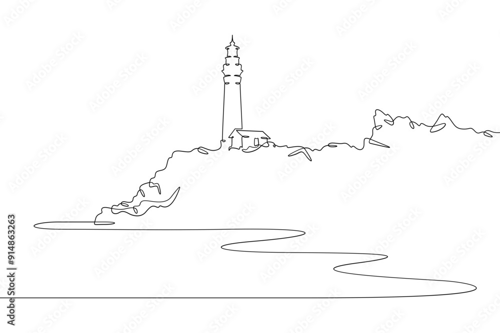 Poster continuous one line drawing lighthouse on a rocky cliff. lighthouse on the seashore.one continuous l