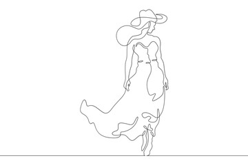 Woman on the beach in a big hat. Girl in a summer cape on the seashore.One continuous line. Line art. Minimum one line. White background. One line drawing.