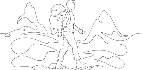A tourist walks in the mountains. Travel. Mountain climbing .Tourist with a backpack.One continuous line. Line art. Minimum one line. White background. One line drawing.