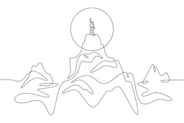 Silhouette of a tourist against the rising sun. Man on top of a mountain. Mountain landscape.Nature logo. One continuous line. Line art. Minimum one line. White background. One line drawing.