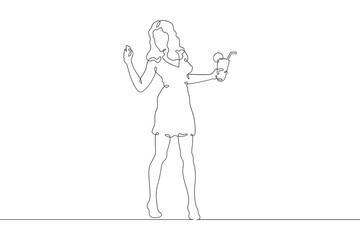 Young woman with a cocktail in hands. Drinking alcohol. Guest holding a glass at a party.One continuous line. Line art. Minimum one line. White background. One line drawing.