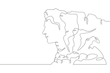 Mysterious islands in the form of a male human head. Head-shaped cliff. Mountain seascape.One continuous line. Line art. Minimum one line. White background. One line drawing.