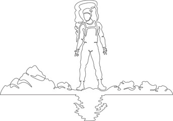 Tourist with a backpack. A hiker is reflected in water. A man with a backpack on the river bank. One continuous line. Line art. Minimum one line. White background. One line drawing.