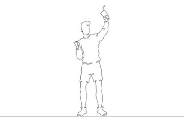 Young woman with a cocktail in hands. Drinking alcohol. Guest holding a glass at a party.One continuous line. Line art. Minimum one line. White background. One line drawing.