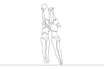 Women's beach volleyball. Women in swimsuits. Volleyball players block in a jump. Female athlete. One continuous line. Line art. Minimum one line. White background. One line drawing.