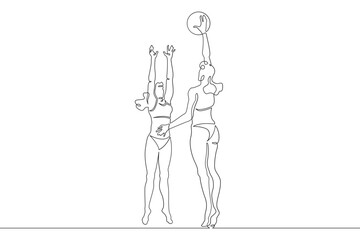 Women's beach volleyball. Women in swimsuits. Volleyball players block in a jump. Female athlete. One continuous line. Line art. Minimum one line. White background. One line drawing.