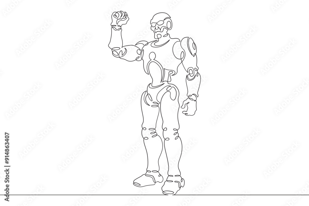 Poster robot with raised arm. clenched fist of mechanical man. robot android gesture of victory and fight. 
