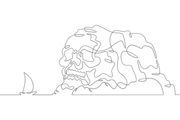 Rock in the shape of a skull. Yacht near the sea cliff. Ship. Skull.Mountain seascape.One continuous line. Line art. Minimum one line. White background. One line drawing.
