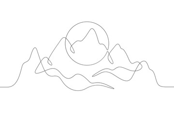High mountains. Sunrise and sunset. Mountain landscape. Sun in the mountains. Nature logo.One continuous line. Line art. Minimum one line. White background. One line drawing.