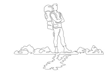 Tourist with a backpack. A hiker is reflected in water. A man with a backpack on the river bank. One continuous line. Line art. Minimum one line. White background. One line drawing.