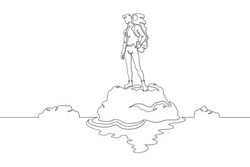 Tourist with a backpack. A hiker is reflected in water. A man with a backpack on the river bank. One continuous line. Line art. Minimum one line. White background. One line drawing.