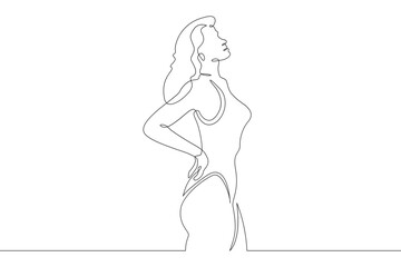 Beautiful woman standing in water. Girl in swimsuit entering sea. Vacation at resort.One continuous line. Line art. Minimum one line. White background. One line drawing.