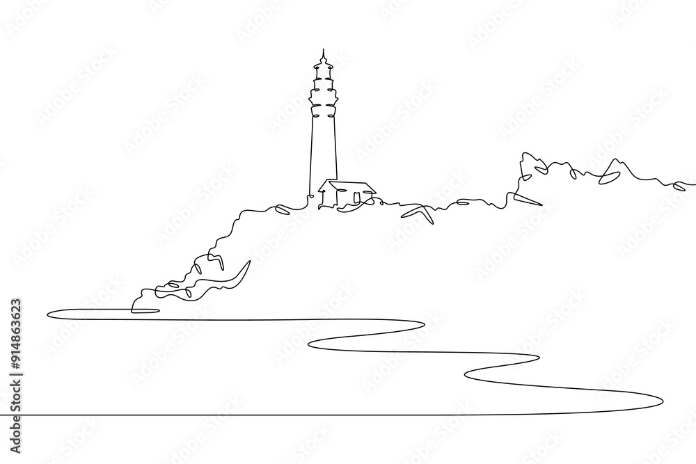 Poster continuous one line drawing lighthouse on a rocky cliff. lighthouse on the seashore.one continuous l