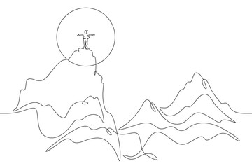 Silhouette of a tourist against the rising sun. Man on top of a mountain. Mountain landscape.Nature logo. One continuous line. Line art. Minimum one line. White background. One line drawing.