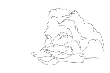 Mysterious islands in the form of a male human head. Head-shaped cliff. Mountain seascape.One continuous line. Line art. Minimum one line. White background. One line drawing.