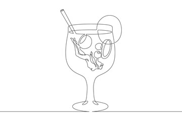 Large cocktail glass with fruit drink and straw. Girl diving in glass with alcoholic cocktail. Woman swimming.One continuous line. Line art. Minimum one line. White background. One line drawing.