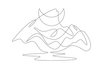 Fototapeta premium Night in mountains.Crescent in the sky.High mountains. Mountain landscape. Moon in the mountains. Nature logo. One continuous line. Line art. Minimum one line. White background. One line drawing.