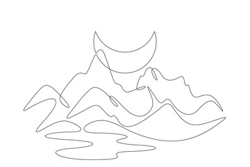 Night in mountains.Crescent in the sky.High mountains. Mountain landscape. Moon in the mountains. Nature logo. One continuous line. Line art. Minimum one line. White background. One line drawing.
