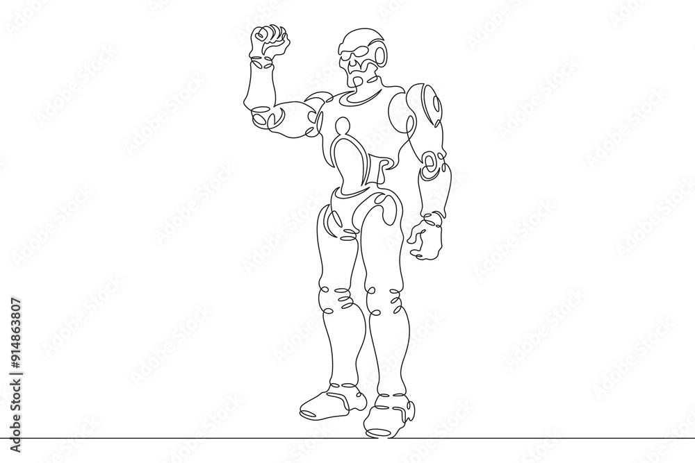 Poster robot with raised arm. clenched fist of mechanical man. robot android gesture of victory and fight. 