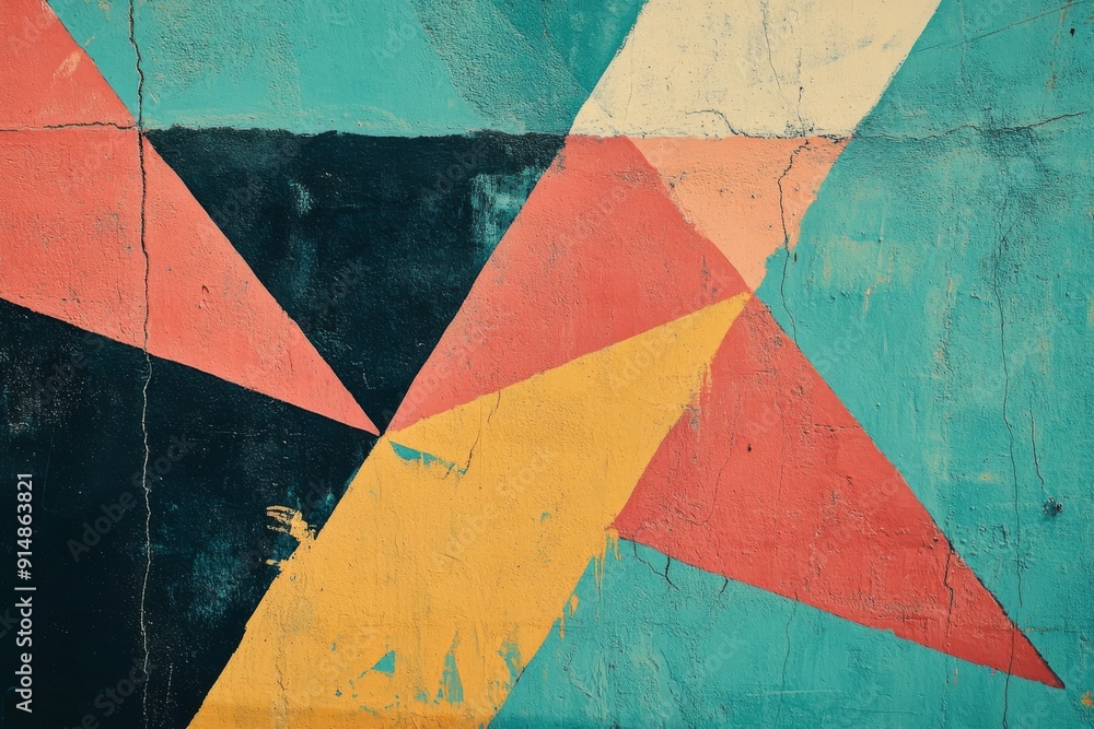 Poster vibrant geometric patterns in pink yellow and green on a distressed wall representing urban art and 