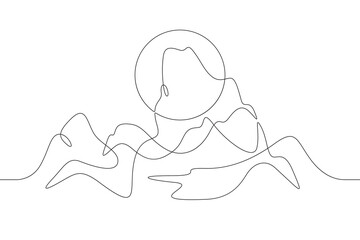 High mountains. Sunrise and sunset. Mountain landscape. Sun in the mountains. Nature logo.One continuous line. Line art. Minimum one line. White background. One line drawing.