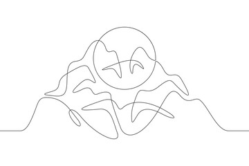 High mountains. Sunrise and sunset. Mountain landscape. Sun in the mountains. Nature logo.One continuous line. Line art. Minimum one line. White background. One line drawing.