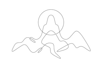 High mountains. Sunrise and sunset. Mountain landscape. Sun in the mountains. Nature logo.One continuous line. Line art. Minimum one line. White background. One line drawing.