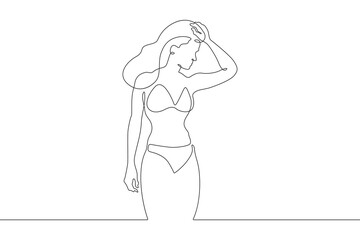 Beautiful woman standing in water. Girl in swimsuit entering sea. Vacation at resort.One continuous line. Line art. Minimum one line. White background. One line drawing.