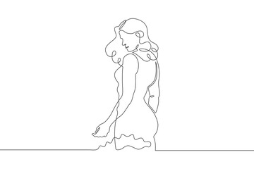Beautiful woman standing in water. Girl in swimsuit entering sea. Vacation at resort.One continuous line. Line art. Minimum one line. White background. One line drawing.