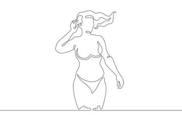 Beautiful woman standing in water. Girl in swimsuit entering sea. Vacation at resort.One continuous line. Line art. Minimum one line. White background. One line drawing.