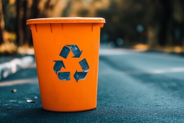 Bright orange recycling bin placed on an urban street focusing on the visibility and accessibility of public recycling efforts in maintaining a clean and sustainable city.