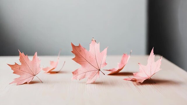 Pink maple leaves are arranged on a light wooden surface. Soft lighting enhances the leaf textures and veins. Subtle shadows create depth. 