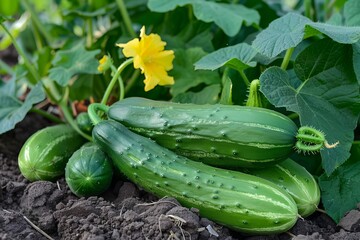 Obraz premium Harvest of green pimply cucumbers in the garden. The concept of growing vegetables without GMOs, small business development, vegetable growing. 